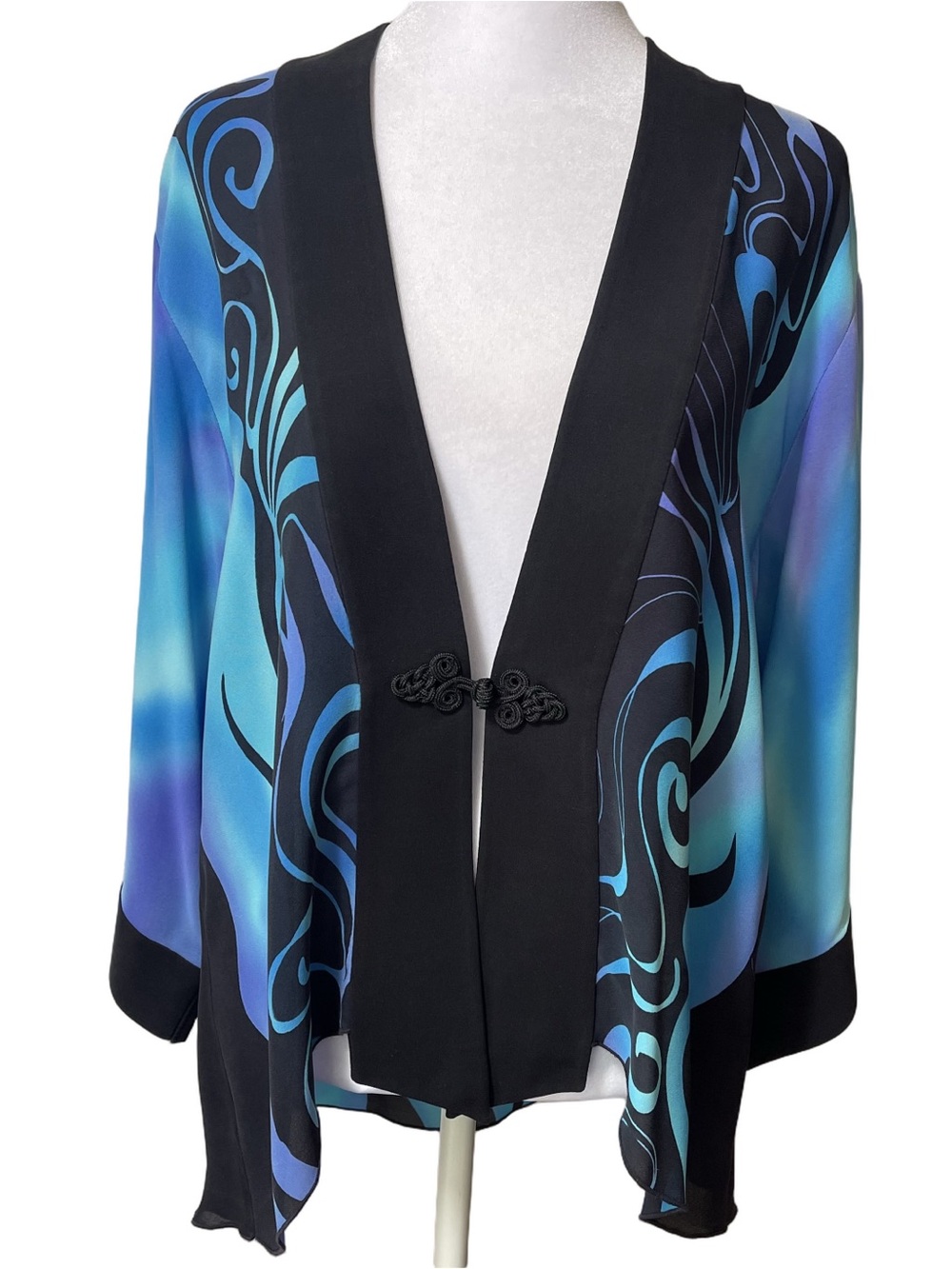 Louise Blumberg Silk Topper Jacket Cardigan Kimono 3/4 Sleeve Black Blue Large